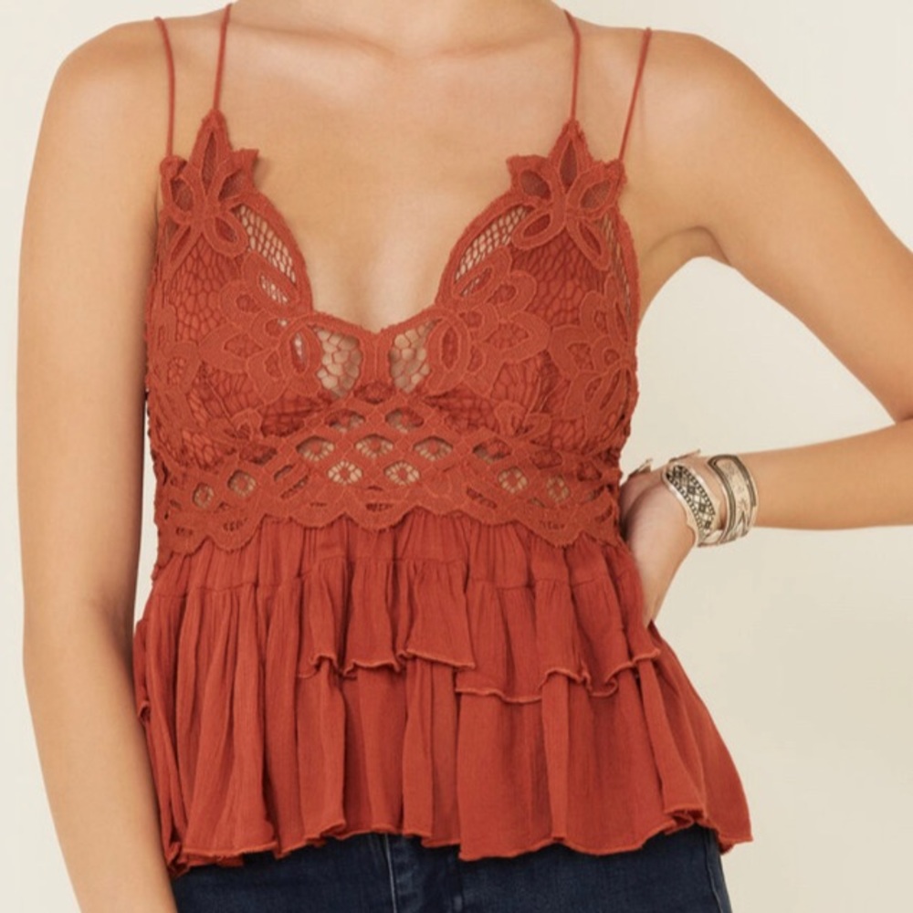 NWT Free People Adella Lace Crochet Tiered Ruffled Cami in Winding Roads Large